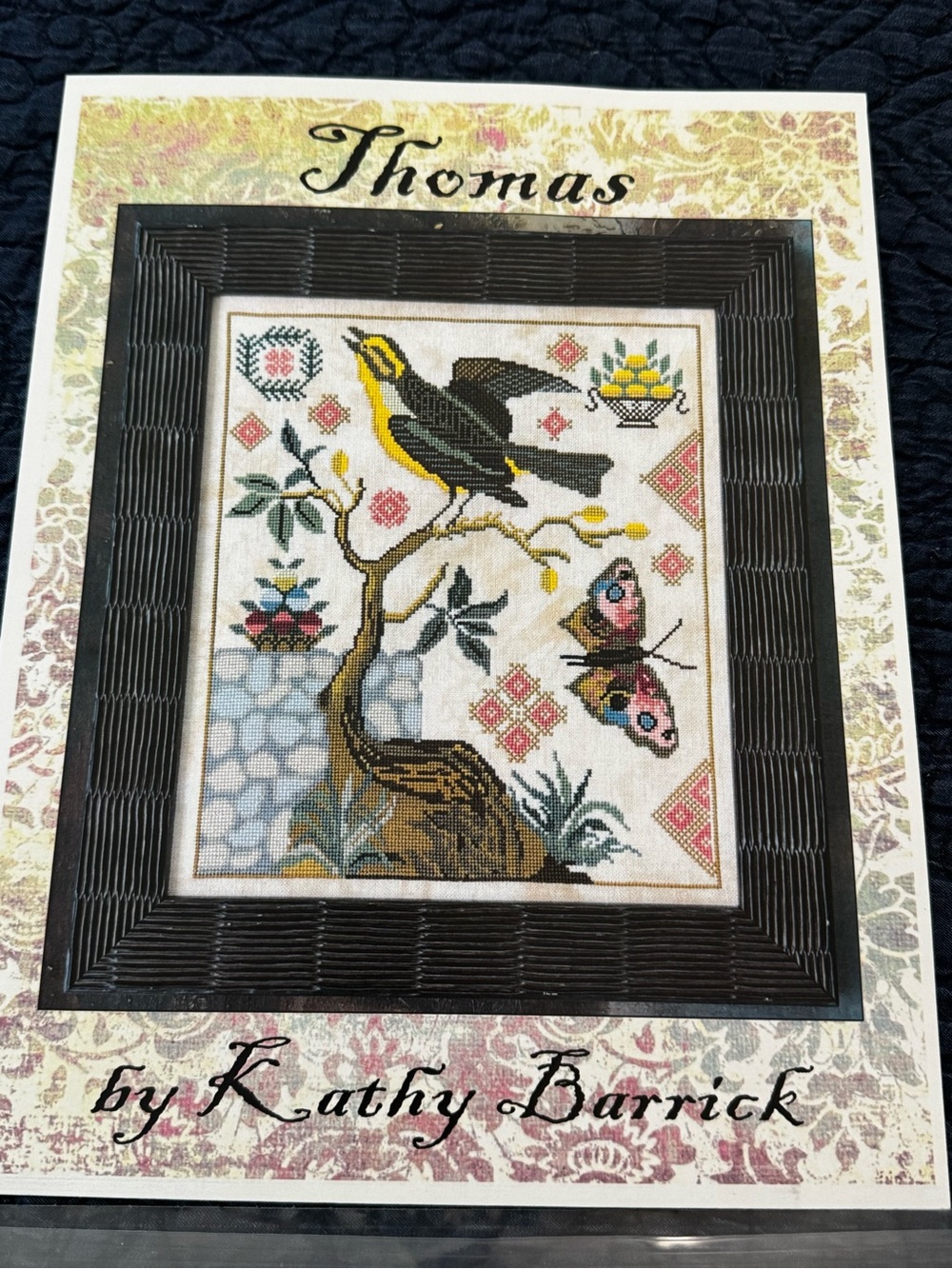 Thomas Cross-Stitch Bird Wall Art - Black Frame, Multicolor Embroidery